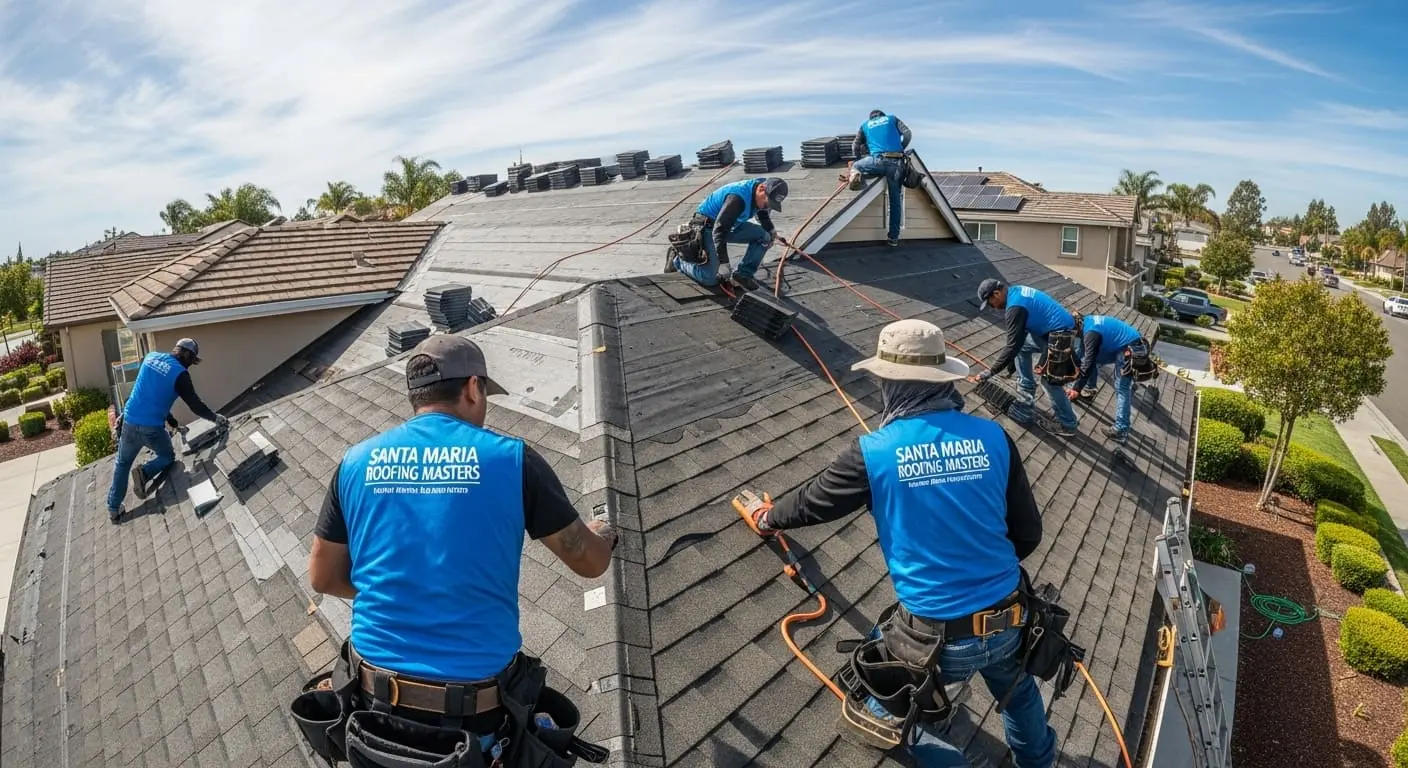 Roofing services crew installing new asphalt shingles on a suburban Santa Maria home roof, using safety ropes and tool belts for secure, efficient work.