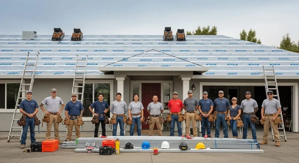 santa maria roofing masters crew posing in front of newly under construction roof.