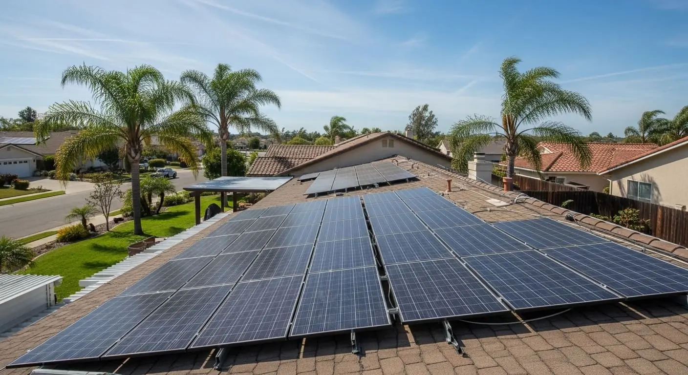 Solar panel system professionally mounted on a asphalt shingle roof in a residential Santa Maria, CA neighborhood, showing clean installation and sun-facing array.