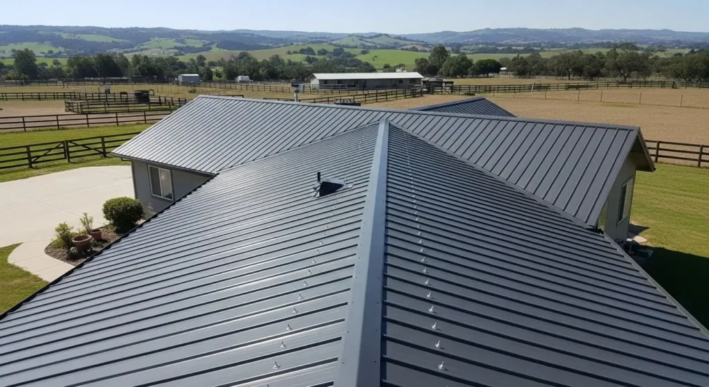 Aerial view of new standing-seam metal roof on Vine Street horse-property home in Santa Maria, CA 93454