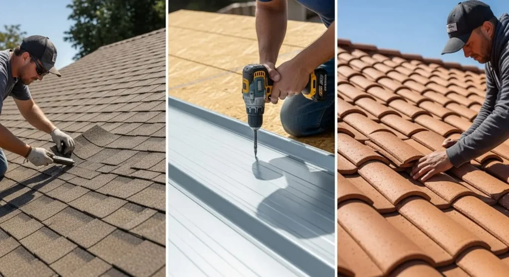 Side-by-side emergency roof repair of shingle, metal, and clay-tile roofs in Santa Maria, CA