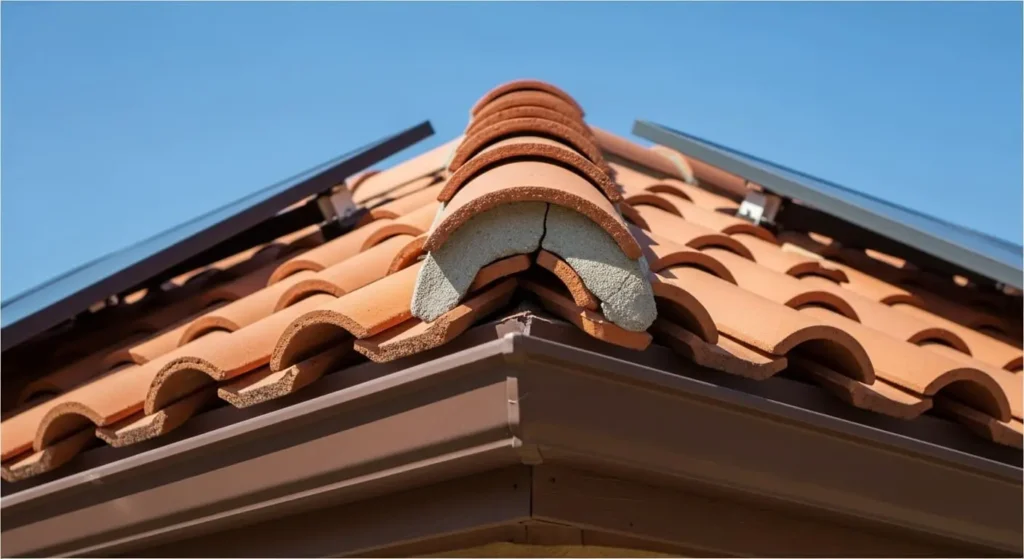 Clay tile roof with solar panel mounts installed under ridge tiles in Santa Maria, CA, showcasing professional tile-compatible solar racking system.